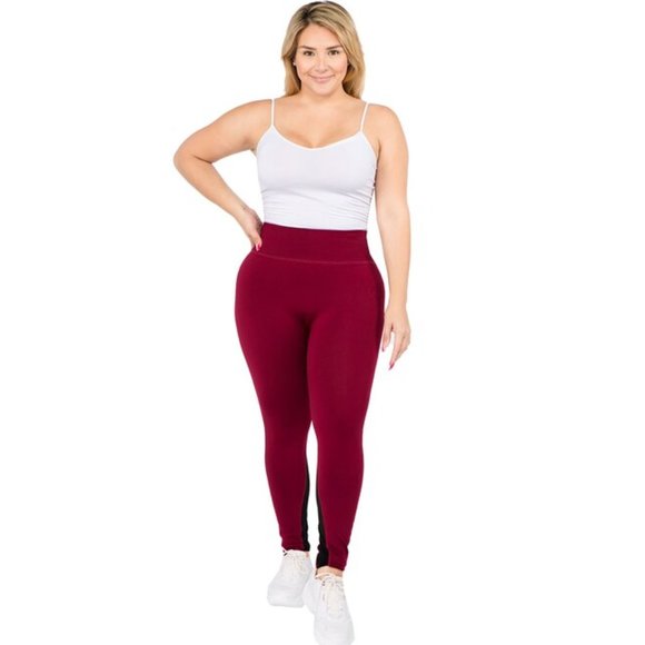 BURGUNY Workout Leggings With Mesh Solid - Picture 3 of 6